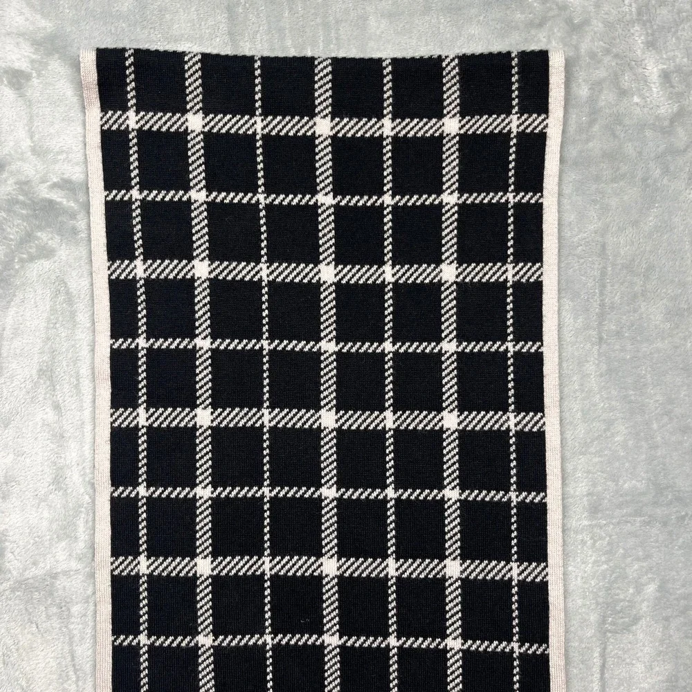 Coach‎ Scarf Black Ivory Reversible Plaid Wool Cotton Knit Leather Logo